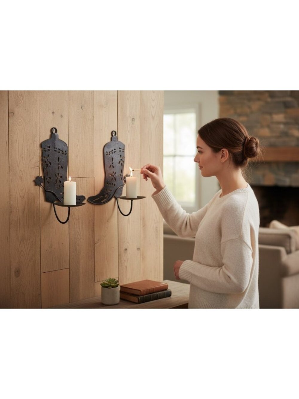 Rustic Western Cowboy Boot Wall Candle Holders With Cutout Design - Set Of 2